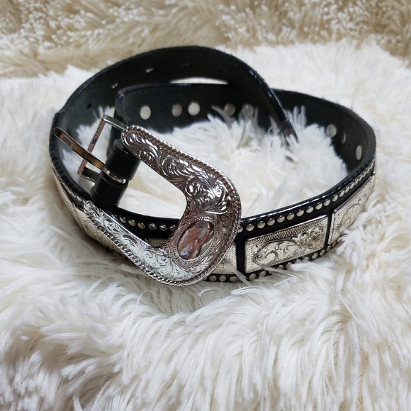 Vtg NADIM western statement studded black leather &SILVER BARS  belt - Picture 1 of 8